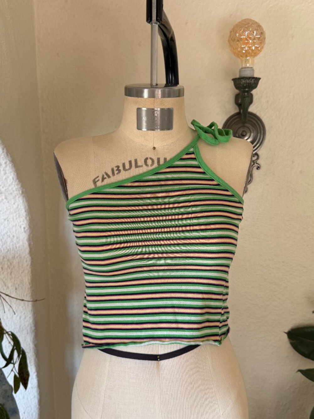 90s Vintage Green & Blue Striped One Strap Tank Top y2k VTG
